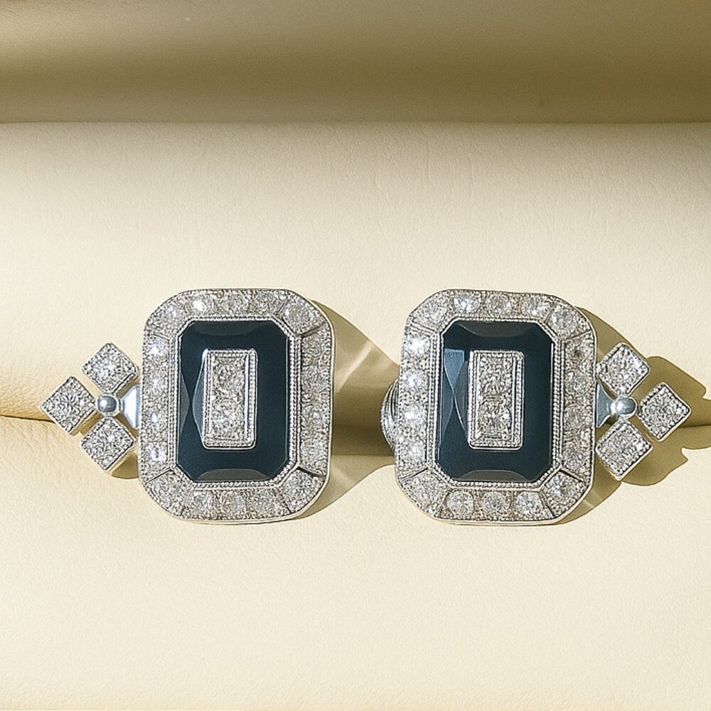 QJM 14K White Gold Natural Diamond & Onyx Earrings 1.5 CWT — Unworn Custom Made